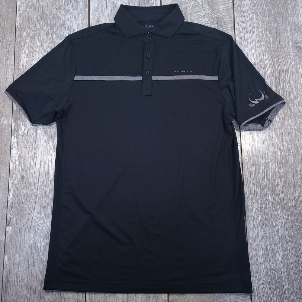 Travis Mathew Polo Shirt Mens M Black Grey Stripe Short Sleeve Performance